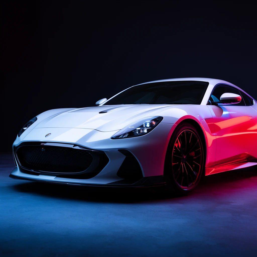 Glossy white sports car, three-quarter front view, dark studio void, aerodynamic body, aggressive black grille, striking magenta and red neon reflections, cool blue floor lighting, cinematic automotive photography