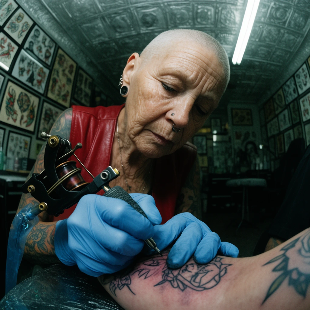 An elderly female tattoo artist with a shaved head and facial piercings concentrates on tattooing a client's arm. She wears a red leather vest and blue nitrile gloves, grasping a coil tattoo machine. The parlor features a tin ceiling and walls covered in framed flash art. Shot with a wide-angle fisheye lens, the distorted perspective and harsh fluorescent lighting create a gritty, raw documentary aesthetic with a cool-toned palette.
