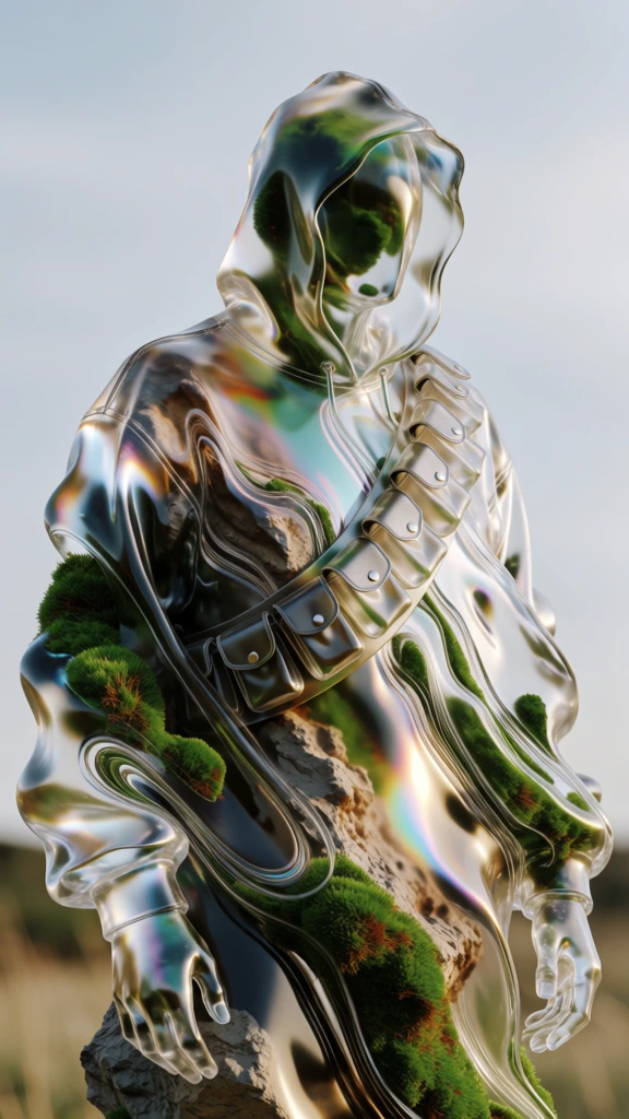 surreal liquid glass sculpture of a hooded figure wearing a bandolier with small pouches, fluid distorted physics, translucent viscous material, organic textures of moss and rock embedded in molten glass, high gloss refractive surfaces, prismatic caustics, soft natural daylight, vibrant greens and earthy tones, flowing melting silhouette, volumetric lighting, hyper-realistic cgi, macro photography style, swirling reflective distortions, ethereal dreamlike atmosphere