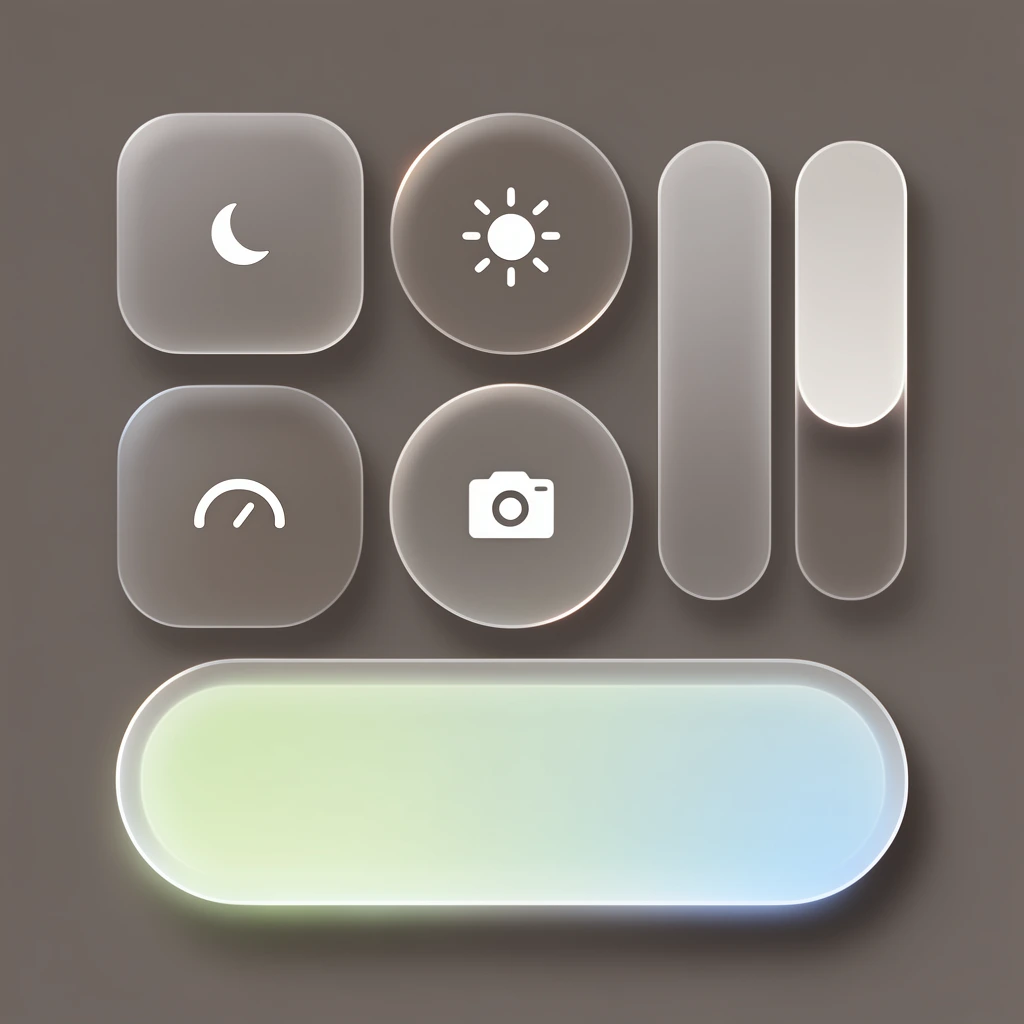 minimalist digital user interface layout, translucent frosted glass panels floating on a solid warm dark gray background, sleek glassmorphism aesthetic with soft drop shadows, arrangement of rounded rectangular and circular elements, wide pill-shaped button glowing with a soft internal pale green and light blue gradient, two vertical pill-shaped sliders, crisp white geometric icons including a moon, sun, camera, and gauge, subtle edge lighting