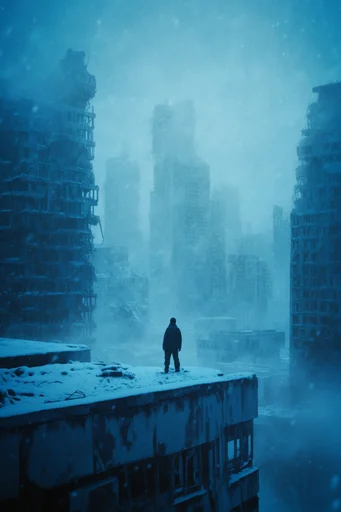 Frozen Industrial Dystopia style reference image — volumetric atmospheric haze