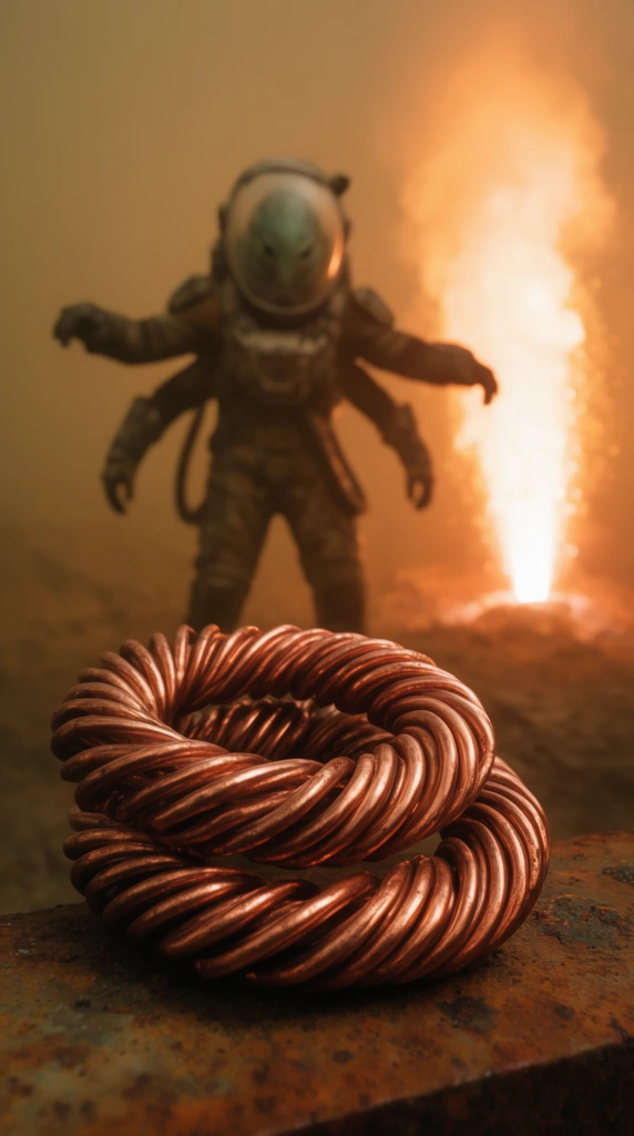 sharply focused twisted copper coils on a rusty metal ledge in extreme foreground, blurred silhouette of a four-armed alien scavenger in a heavy spacesuit behind the coils, blinding geothermal plasma vent erupting in the background, warm amber and sepia color palette, thick toxic smog, cinematic shallow depth of field