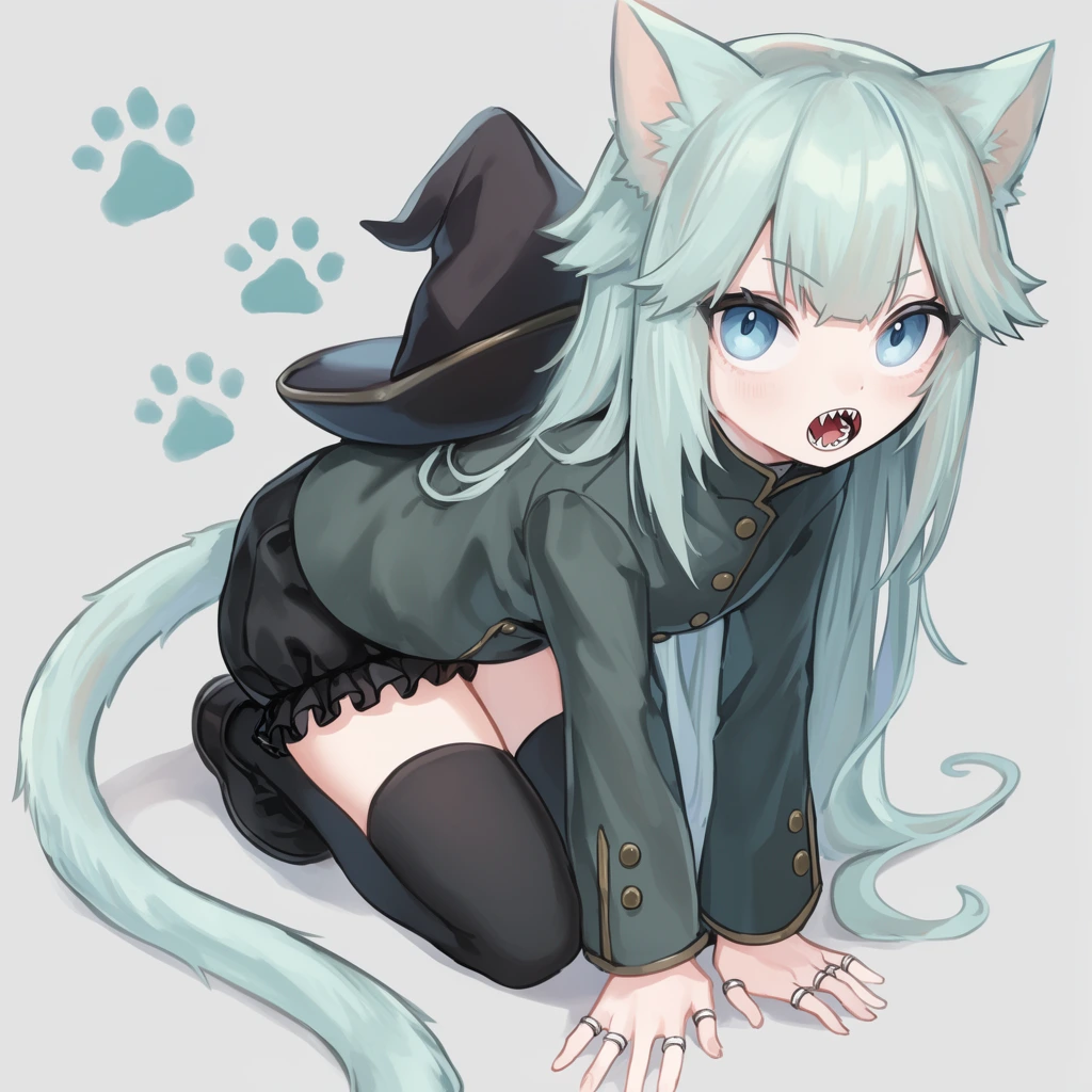 A feline-humanoid girl with pale aqua hair, cat ears, and a long sweeping tail crouches on the ground in an anime illustration style. She wears a dark grey-green jacket with brass buttons, black ruffled shorts, thigh-high socks, and a dark pointed hat resting on her back. Her wide blue eyes gaze upward, revealing small sharp teeth. Silver rings adorn her fingers. Three teal paw prints mark the plain light grey background. The artwork features soft shading, a dynamic high angle, and a muted pastel color palette.