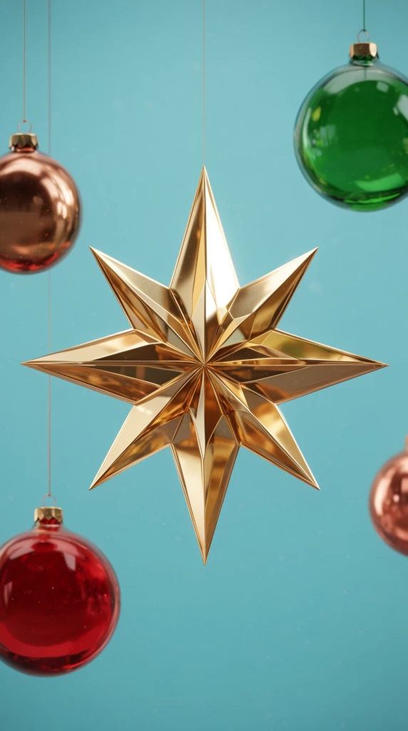Large central 3D faceted golden star with eight geometric points, highly reflective warm metallic surface, surrounded by four spherical glass holiday ornaments suspended by delicate thin strings, bronze bauble top left, green bauble top right, crimson red bauble bottom left, partially visible copper bauble bottom right, smooth turquoise blue background, scattered subtle white specks, minimalist festive composition, polished digital render, soft studio lighting