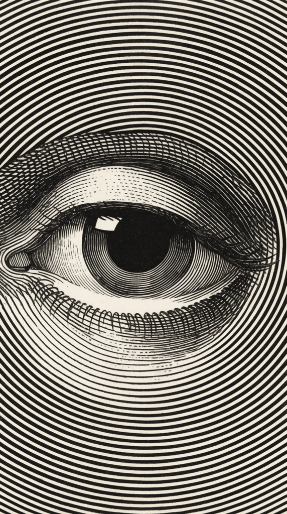 close-up human eye, op art, concentric black and white circles, vintage engraving technique, solid black pupil, monochromatic texture, optical illusion