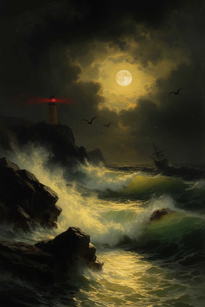 dramatic romantic seascape oil painting, turbulent waves crashing against jagged dark rocks, full moon piercing heavy storm clouds, ethereal golden moonlight illuminating churning water, distant struggling ship, lighthouse emitting a red beacon from a rocky cliff, silhouetted flying seabirds, intense chiaroscuro, deep greens and blacks contrasting with luminous yellow