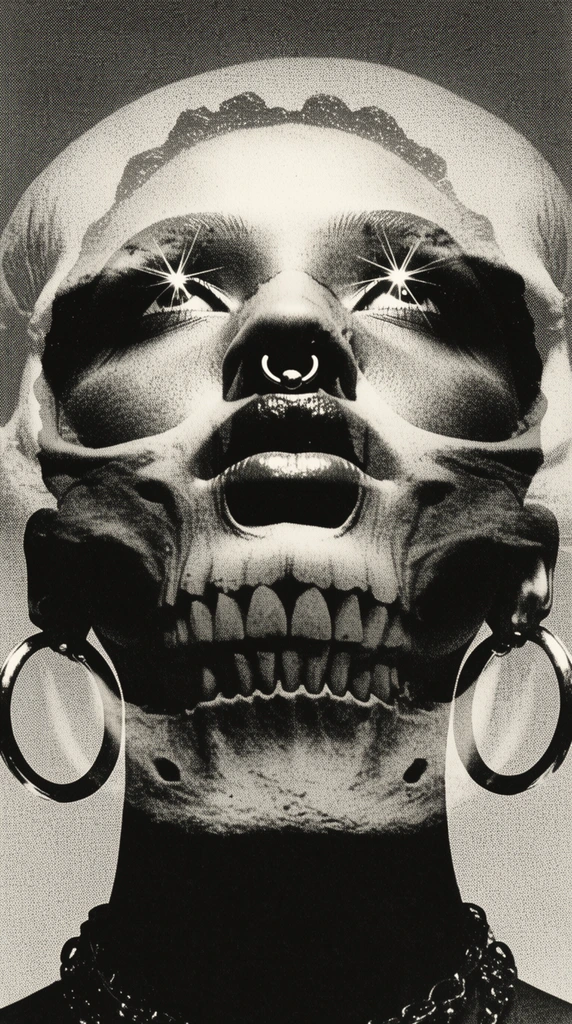 A high-contrast monochrome double-exposure portrait blending an upward-looking human face with a skull. The subject wears large hoop earrings and a septum ring, with starburst flares near the eyes, rendered in a gritty vintage style with heavy halftone dot texture.