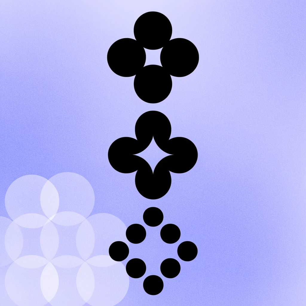 vertical stack of three abstract solid black geometric motifs, pastel purple-blue gradient background with fine grainy texture, top irregular cluster of connected circles, middle symmetrical floral cross with diamond cutout, bottom diamond shape formed by eight dots, faint translucent white overlapping circles in the lower left, minimalist graphic poster design, flat vector style