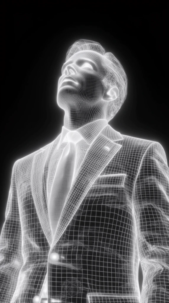 A luminous wireframe rendering of a man looking upwards, wearing a suit jacket, dress shirt, and tie, composed entirely of glowing white lines against a stark black background. The man's upturned face, defined jawline, and the structured layers of his tailored suit jacket, collared shirt, and knotted tie are constructed from intricate, intersecting topological grids. These thin, brilliant white lines curve and undulate to map the three-dimensional contours and folds of the clothing and anatomy, creating a transparent, volumetric form. Varying densities in the geometric mesh create areas of concentrated brightness, while specific focal points like buttons or eyes appear as soft, glowing white gradient orbs. The monochromatic, high-contrast aesthetic mimics an ethereal radiograph or early computational 3D line-art, with the luminescent subject standing out vividly within the surrounding expansive black space.