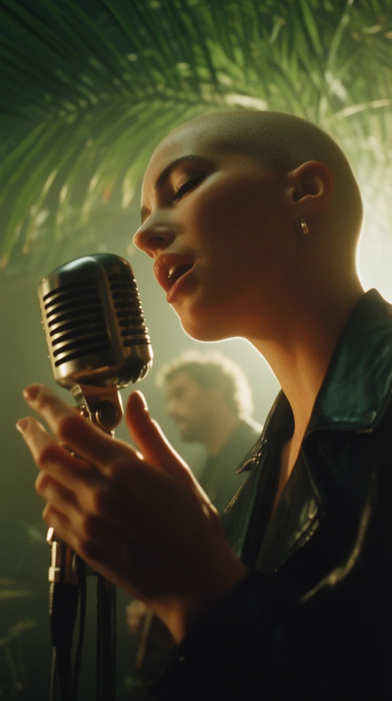 cinematic low-angle close-up of a woman with a shaved head and black leather jacket singing into a vintage ribbon microphone, hands gently gripping the microphone, dramatic backlighting, glowing silhouette, softly blurred palm leaves and a hazy male figure in the background, 35mm film grain, moody green and gold color grading, shallow depth of field