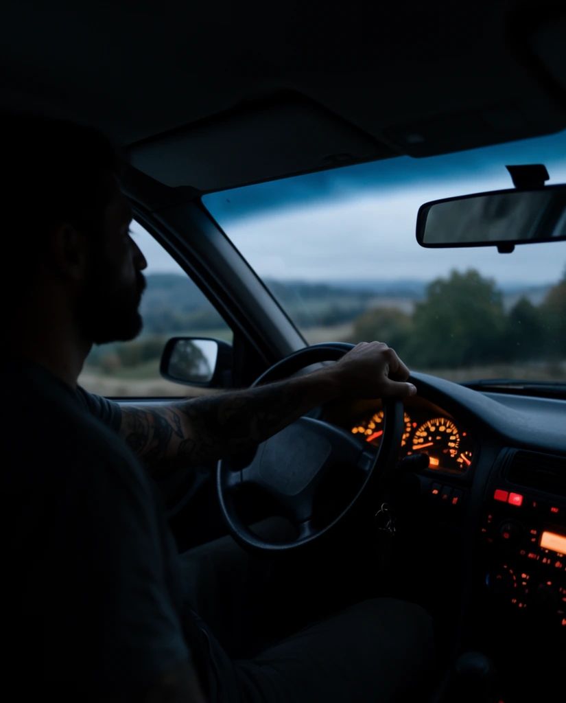 silhouette of a bearded man driving a car, tattooed left arm, right hand on a black steering wheel, dark vehicle interior, dashboard glowing with warm orange instrument lights and red buttons, hanging rearview mirror, softly blurred rolling hills and trees visible through the windshield, moody twilight atmosphere, dim overcast sky, cool blue ambient light contrasting with warm dashboard glow, shallow depth of field, passenger seat perspective, cinematic style