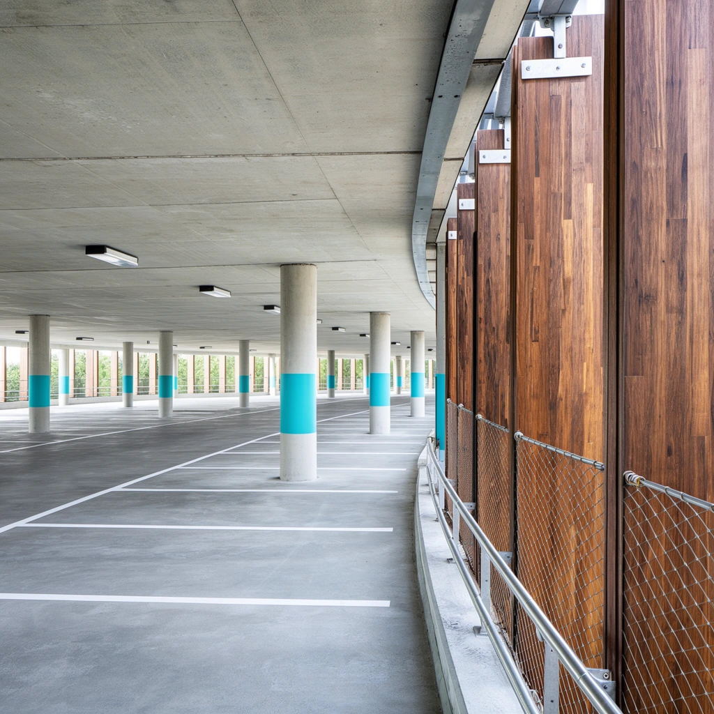 A wide interior view captures a spacious modern concrete parking structure curving gently into the distance alongside a screen of tall vertical wooden slats. The smooth gray concrete floor features stark white rectangular parking lines. Cylindrical concrete support pillars march down the space, each accented with a bright cyan painted ring. To the right, an architectural facade consists of rich brown wooden planks mounted vertically with silver metal brackets, backed by a fine wire mesh and a low tubular metal railing. Rectangular light fixtures sit flush against the flat ceiling. The open-air perimeter allows bright diffuse daylight to illuminate the interior, revealing green trees through the gaps. The architectural photography utilizes a deep depth of field and a sweeping perspective emphasizing the rhythmic curve of the columns. The palette contrasts cool industrial grays, warm wood tones, and vibrant cyan accents under crisp lighting.