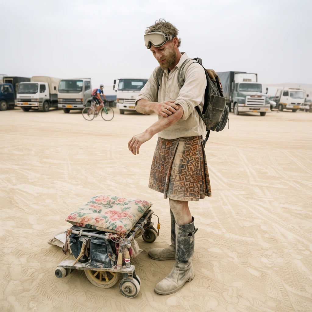 dust-covered man in a flat desert brushing his arm, goggles on forehead, light shirt, geometric patterned kilt, tall dusty boots, backpack, low makeshift wheeled contraption with floral cushion at his feet, sandy terrain with tire tracks, parked trucks and a cyclist in the background, hazy overcast sky, diffused daylight, candid photography
