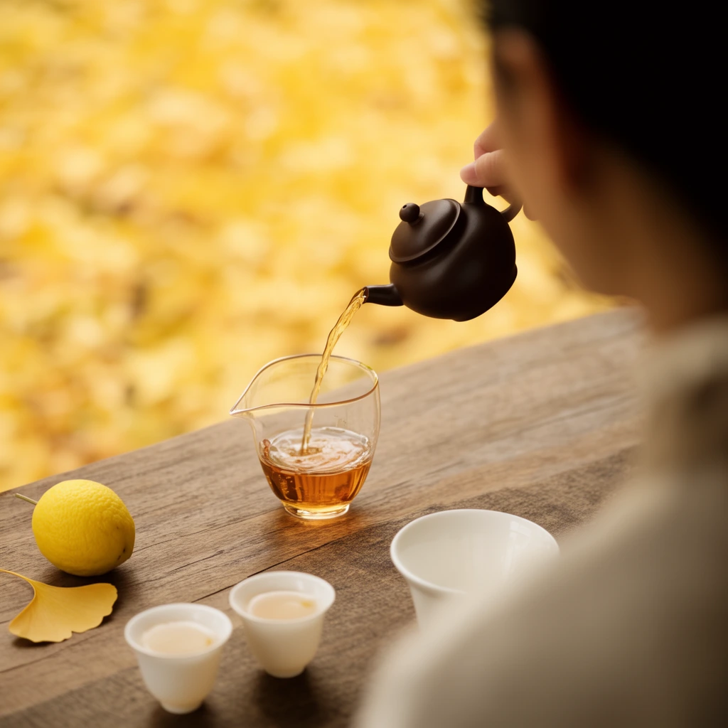 A dark brown clay teapot pours amber tea into a clear glass pitcher on a wooden table. An over-the-shoulder perspective blurs the person pouring. A yellow citron fruit, two white teacups, a white bowl, and a ginkgo leaf rest nearby. Warm natural light illuminates the scene against a heavily blurred background of bright yellow autumn foliage.