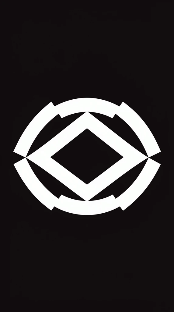 A minimalist white geometric design on a solid black background resembling a stylized eye. The figure features segmented overlapping curved bands. Thick white lines with staggered angular breaks create an outer almond shape surrounding a horizontal diamond. The flat symmetrical composition relies on stark high-contrast negative space to emphasize intersecting vector-style forms.