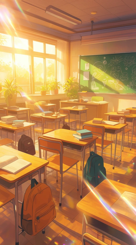 An empty anime-style classroom bathed in golden sunlight from large windows. Rows of wooden desks face a green chalkboard with chalk drawings. Strong lens flares streak across the warm room. Potted plants, scattered books, and backpacks detail the space.