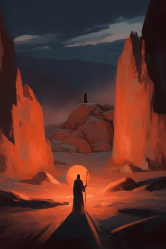 Celestial Solitude Landscapes style reference image — solitary traveler