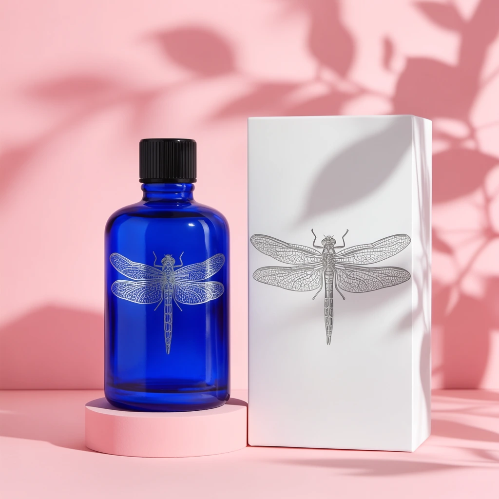 A cobalt blue glass bottle with a ribbed black cap rests on a low pink pedestal next to a crisp white rectangular box. Both objects display a meticulously detailed silver line-art illustration of a dragonfly with sprawling, lacy wings. The setup is staged in a monochromatic pastel pink studio environment. Soft, directional sunlight casts large, elegant botanical shadows of leafy branches across the pink backdrop and the right side of the box. High-contrast color blocking between the vivid blue glass and the soft pink surroundings creates a polished, premium aesthetic.