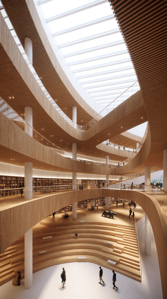 A sweeping multi-level modern library atrium defined by curved balconies clad in vertical wooden slats beneath a bright skylight. Sinuous walkways with glass railings and white columns overlap across the vast space. Wide wooden stadium stairs cascade to the ground floor where scattered figures walk near a dark animal sculpture. Warm lighting accentuates the organic wood surfaces, and a wide-angle perspective captures the grand architectural scale and bookshelves on the middle floors.