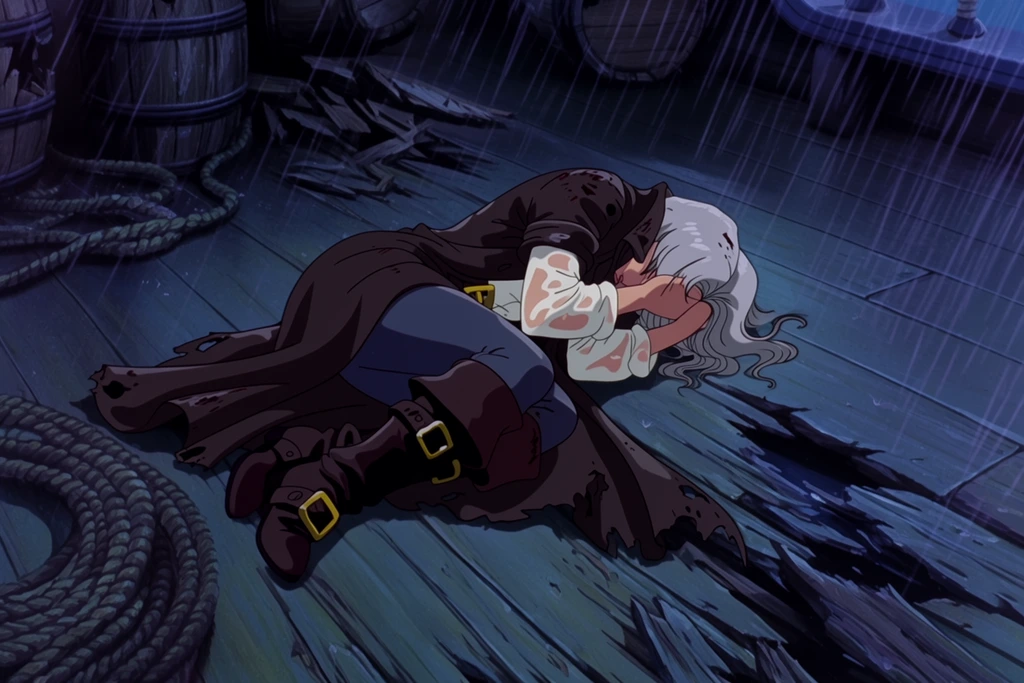 An injured female rogue with silver hair lies curled on her side across the splintered wooden deck of a galleon, shielding her face from a heavy, relentless downpour. She wears a torn dark leather trench coat spread across the wet boards, a soaked white linen shirt, and heavy brass-buckled boots. Thick coiled ropes and shattered wooden barrels surround her in the gloom. The scene is rendered in classic 2D traditional cel animation featuring deep blue and violet atmospheric lighting. Streaks of stylized rain cut through the shadowy composition, highlighting the dramatic, high-contrast color palette and cinematic low-angle perspective.