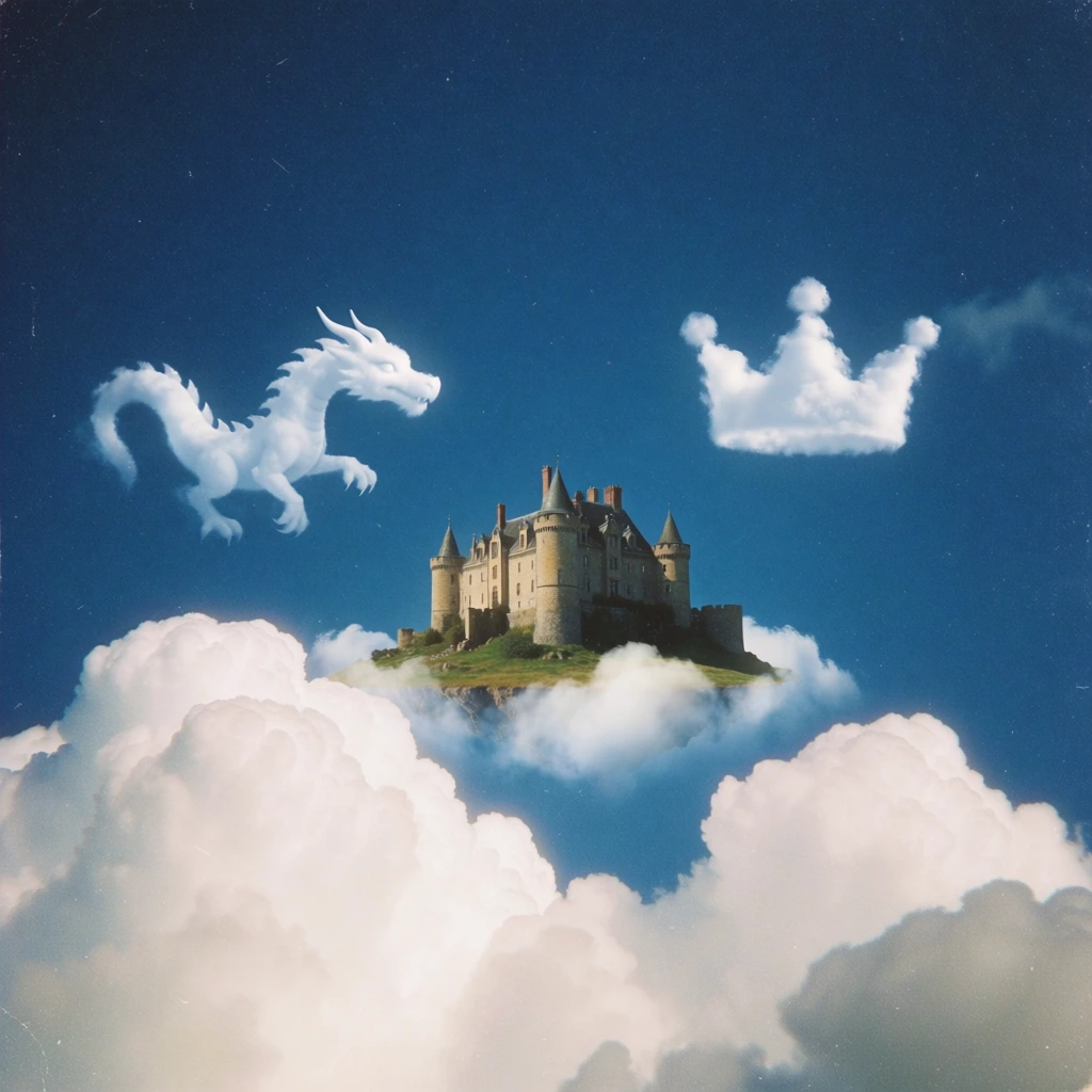 surreal digital collage, dreamy lo-fi aesthetic, heavy film grain, high contrast deep blue sky, massive fluffy white cumulus clouds at the base, a majestic stone castle on a small floating island centered in the frame, whimsical cloud formations shaped like a dragon and a crown floating in the sky, ethereal diffused sunlight, soft edges, vintage film photography style, nostalgic and melancholic mood, minimalist composition, cinematic atmosphere