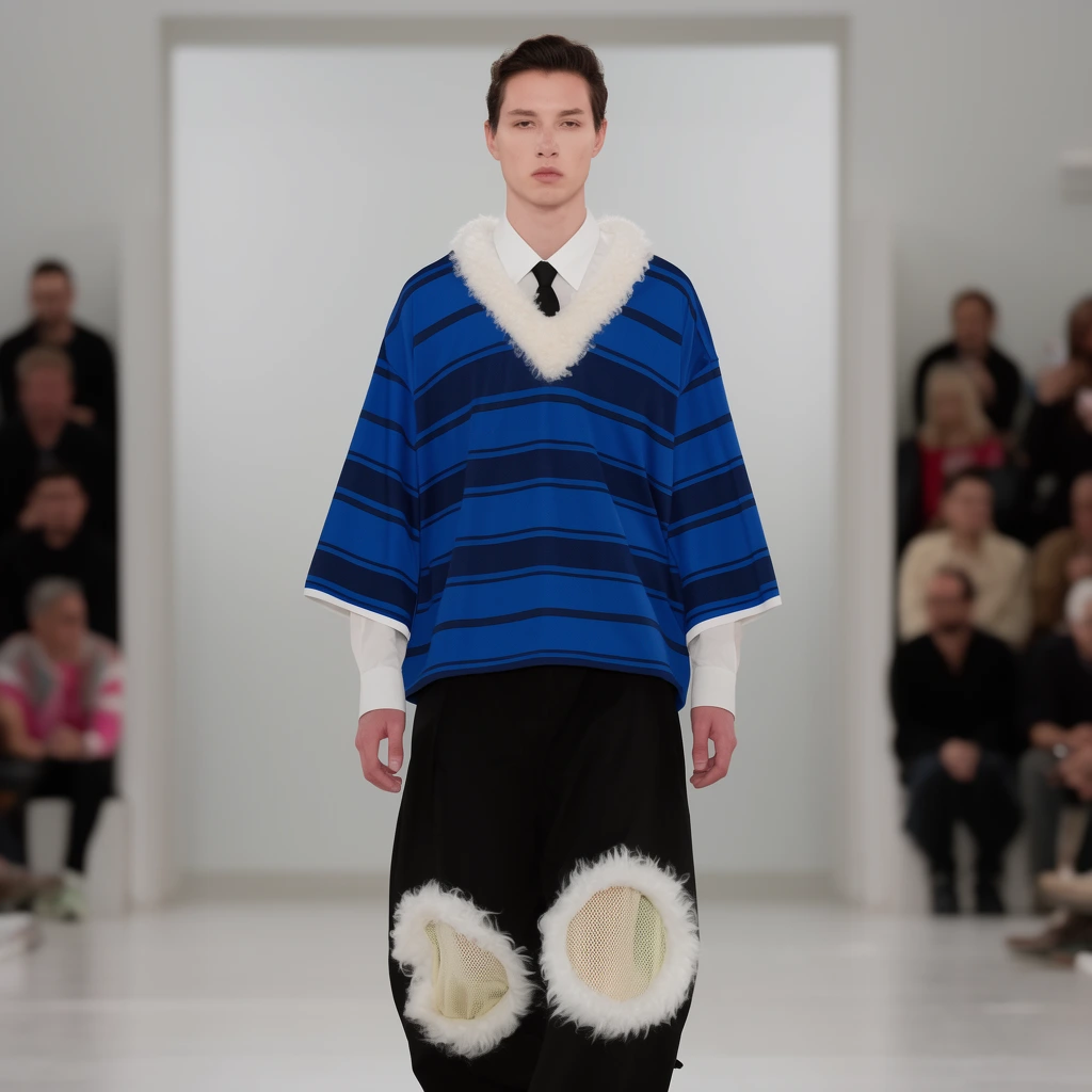 A male model walks a smooth runway wearing an oversized blue-striped V-neck jersey with fuzzy white collar trim layered over a collared shirt and tie. His loose black trousers have circular knee cutouts filled with pale mesh and white fur. Bright lighting isolates the sharply focused subject against a stark white backdrop and heavily blurred seated audience.
