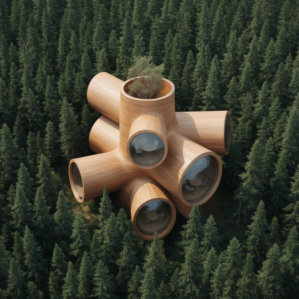 organic architectural structure nestled in a dense evergreen forest, intersecting light brown wooden cylindrical pods, large circular glass windows, small tree growing from the open top cylinder, high-angle aerial view, uniform dark green pines, natural daylight, photorealistic architectural rendering