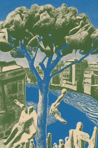 Vintage Lithographic Surrealism style reference image — vintage lithograph texture