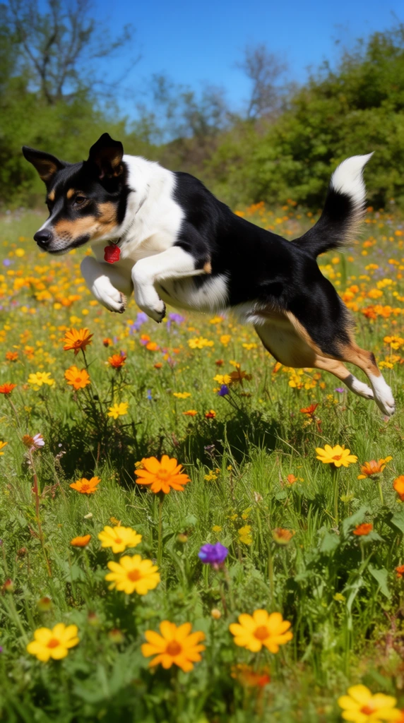 A black, white, and tan dog is captured mid-air, leaping towards the left through a field of vibrant wildflowers. The dog has black fur on its back, head, and tail, with a white underbelly, chest, neck, and tail tip, and tan markings on its face and legs. A small red tag hangs from its collar. The dog's front legs are tucked close to its chest, and its hind legs are extended backwards in a full run. The field is lush with green grass and dotted with numerous yellow and orange flowers, along with a few purple ones. The background features green trees and bushes under a clear blue sky, suggesting a bright, sunny day.