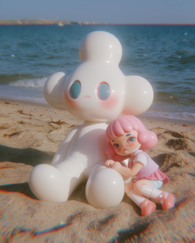 Glossy white bulbous humanoid art toy, small doll-like girl with pink hair leaning on it, sitting on a sandy beach, calm blue ocean, bright sunlight, pastel 3D render, chromatic aberration, retro light leaks