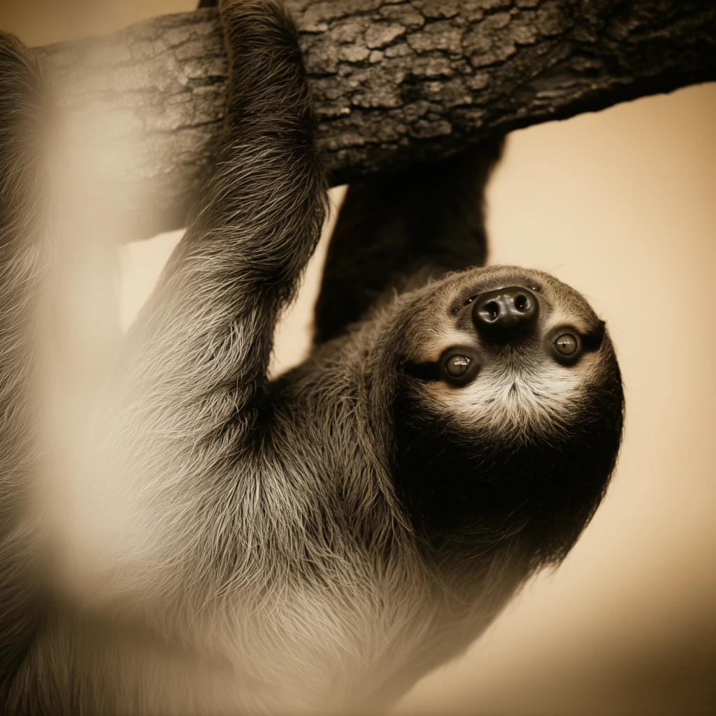 sloth hanging upside down from a rugged tree branch gazing directly at the viewer, sepia-toned wildlife photography, shaggy dark fur, distinctive dark eye patches, wide expressive eyes, long limbs gripping rough bark, sharp focus on the animal's face, shallow depth of field, ethereal light-colored foreground blur intersecting the frame, smooth warm beige gradient background, vintage aesthetic, moody intimate animal portrait, high contrast fur texture