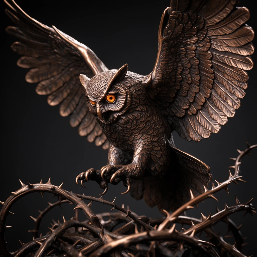 bronze sculpture of an owl mid-flight above thorny brambles, wide outstretched wings with intricate feather textures, sharp talons extended downward, focused gaze with glowing amber eyes, rich brown patinated metal finish, tangled base of curving thick vines with sharp spikes, solid dark background, dramatic studio lighting, deep chiaroscuro, sharp focus, high contrast, macro photography aesthetic