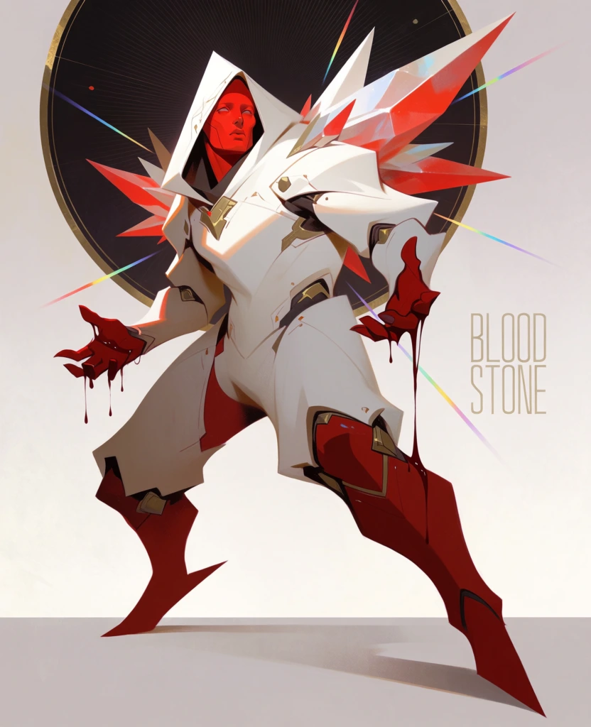 A stylized humanoid figure clad in sharp, white and red futuristic armor stands in a dynamic, lunging pose against a minimalist backdrop. The central character wears bulky, angular white plating with deep red segments on the shins, hands, and face. The facial area is a uniform bright red with defined human-like features and dark eyes, all framed by a high, triangular white hood. Large, crystalline shards in white and red jut out from the figure's back like jagged wings, while its red-gloved hands are outstretched with dark red fluid dripping from the fingertips. The armor tapers into sharp red points at the feet, resting on a flat, light grey surface. Small gold accents are visible on the chest and knee joints. Behind the figure’s head and shoulders sits a large, dark circular medallion featuring a thin gold rim and fine radial lines. Several thin, multi-colored light streaks pierce through the air around the character. On the right side of the image, the text "BLOOD STONE" is written in a thin, stacked, light gold, uppercase, sans-serif font. The digital illustration uses clean edges and smooth color gradients with a low-angle perspective that emphasizes the figure's stature. Lighting is soft and directional from the top left, casting subtle shadows across the white armor plates within a limited color palette of white, deep red, gold, and dark grey.