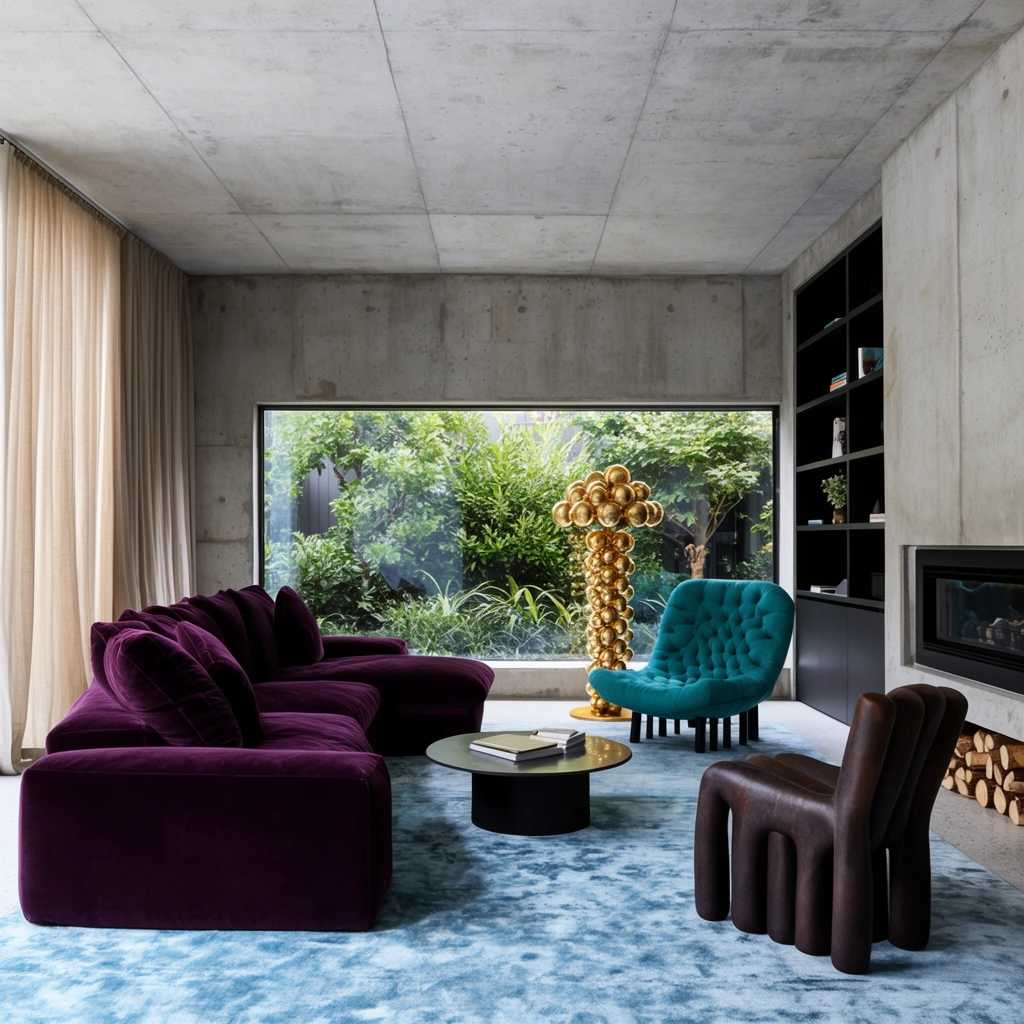 A modern brutalist living room balances raw concrete architecture with rich, colorful textiles. A deep plum velvet sectional sofa rests on a textured light blue rug opposite a chunky dark brown sculptural chair and a low coffee table. A wide rectangular window frames a lush green courtyard, filling the room with natural daytime light. Beside the glass, a tufted teal lounge chair sits near a bold floor lamp made of clustered golden spheres. Sleek black built-in shelving flanks a fireplace holding stacked firewood, while sheer beige curtains soften the rigid structural geometry.