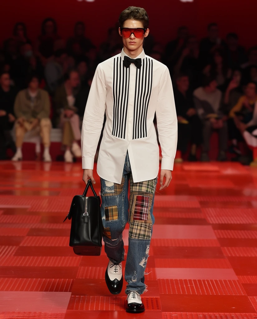 male model walking a red runway, untucked white shirt with black vertical tuxedo stripes, black bow tie, red-tinted sunglasses, carrying a black leather bag, patchwork plaid and distressed denim jeans, black and white oxford shoes, blurred audience background, runway fashion photography
