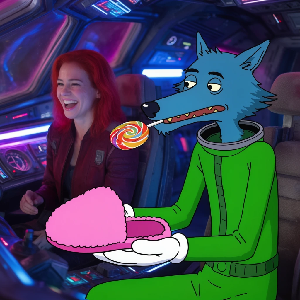 A live-action woman with bright red hair laughs from the pilot seat of a sleek spaceship cockpit bathed in neon blue and magenta light. Beside her sits a 2D-animated, lanky anthropomorphic blue wolf wearing a vivid green spacesuit. The flat-colored cartoon wolf holds a swirled lollipop in its teeth and presents a massive fluffy pink slipper in its oversized white cartoon gloves. The composition merges photorealistic cinematic lighting on the human and metallic dashboard with the stark, hand-drawn cel animation of the brightly colored animal companion, creating a surreal mixed-media aesthetic.