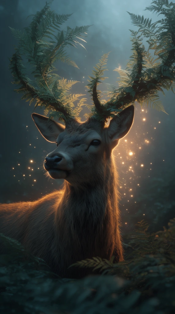 Majestic stag, intricate fern leaves forming antlers, dark misty forest, glowing magical particles, cinematic golden rim lighting, cool teal shadows, hyper-detailed fantasy art