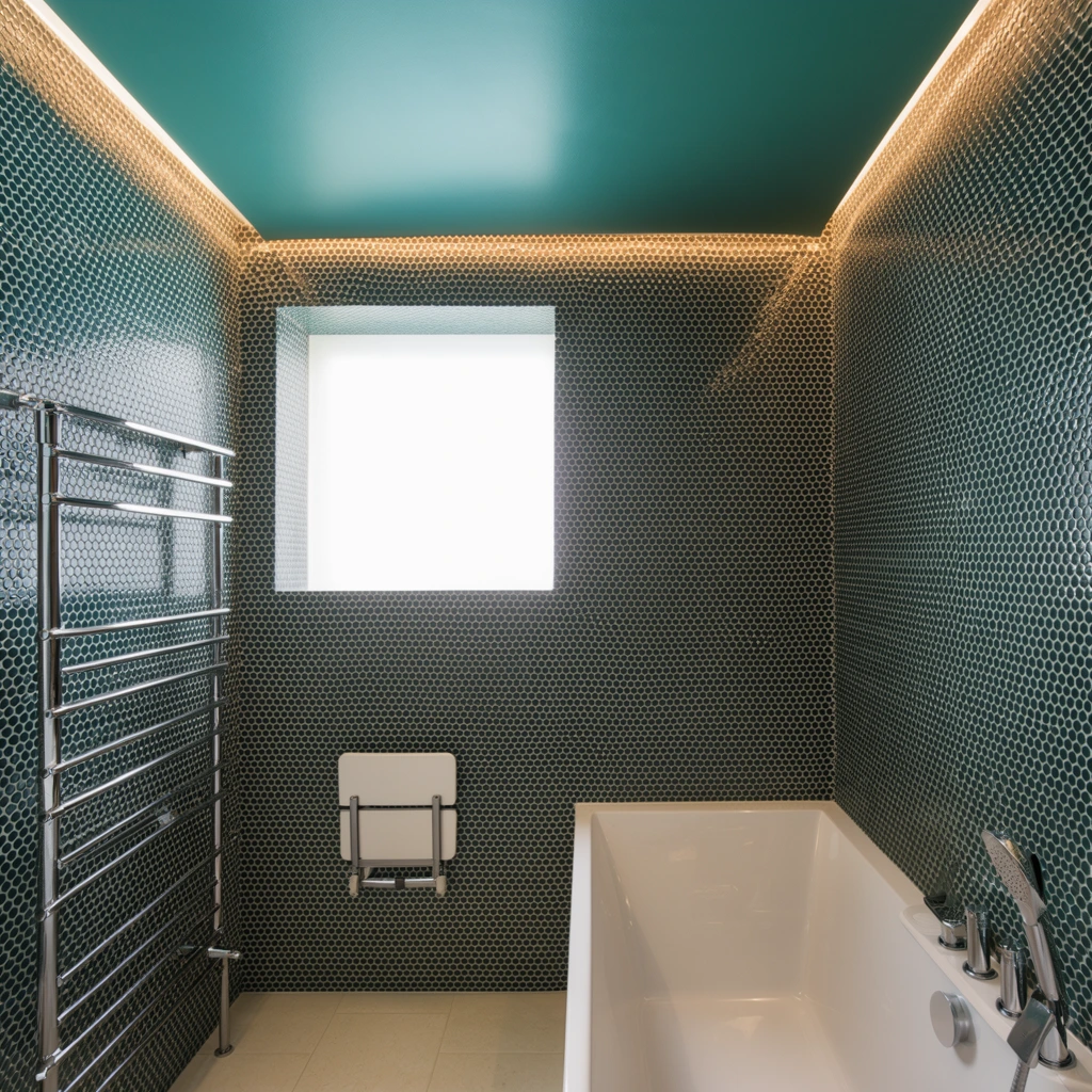 modern geometric bathroom interior, dark green hexagonal mosaic walls, flat teal ceiling, white rectangular bathtub, bright frosted square window, chrome towel radiator, folding shower seat, light floor tiles, warm linear lighting, architectural photography