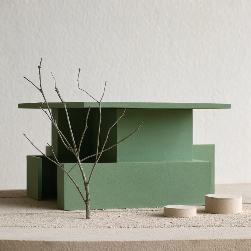 miniature architectural model, matte sage green geometric structure, flat overhanging roof, minimalist rectangular forms, coarse light beige platform, thin bare tree branch in foreground, two small cylindrical beige blocks, off-white textured background, soft diffused studio lighting, stark composition