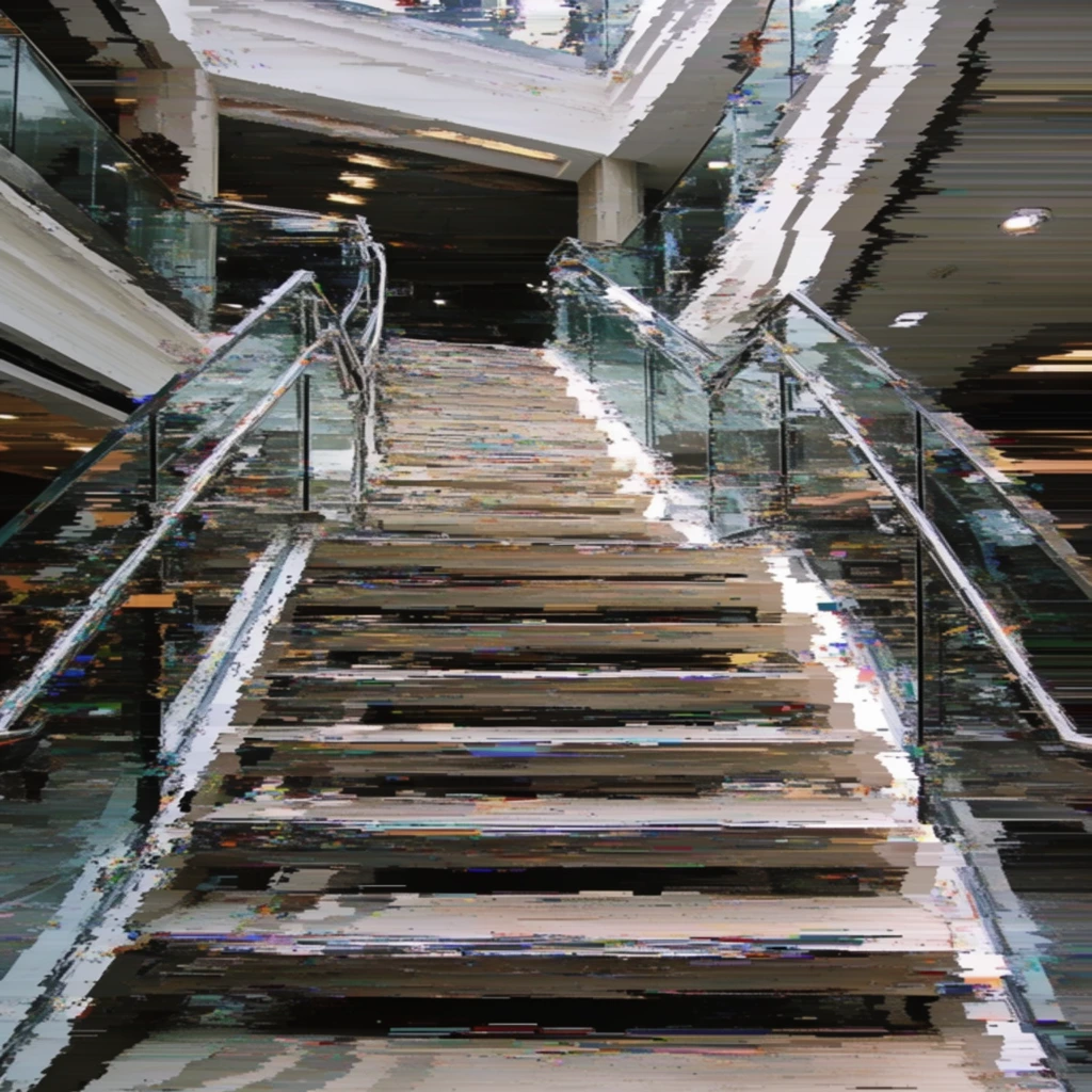 A multi-level staircase with glass railings ascending inside a building, completely visually fractured by intense horizontal pixel-sorting and algorithmic databending. The structural geometry of the steps and the transparent balustrades stretches laterally into repeating, stuttering bands of smeared pixels. Jagged, aliased digital artifacts drag the architectural highlights and deep interior shadows violently across the horizontal axis, producing a corrupted digital file aesthetic. The ambient indoor lighting splinters into sharp, high-contrast striated streaks, transforming the rigid architectural space into erratic, vibrating horizontal planes of color and dense digital noise.