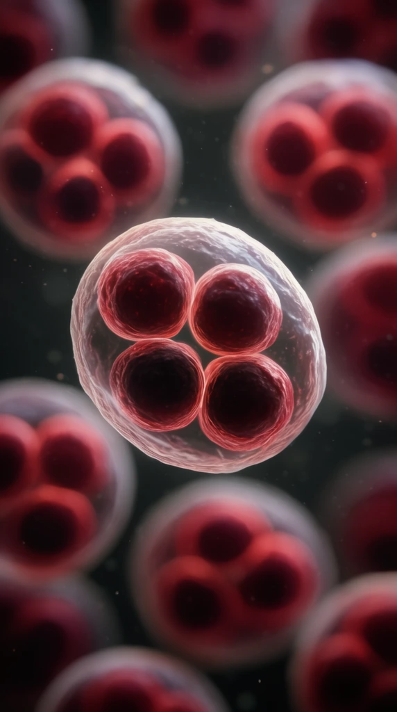 A microscopic view of dividing biological cells in a dark fluid. A central translucent cell holds four dark red inner spheres. Cinematic macro photography with heavy depth of field blurs surrounding crimson cells.