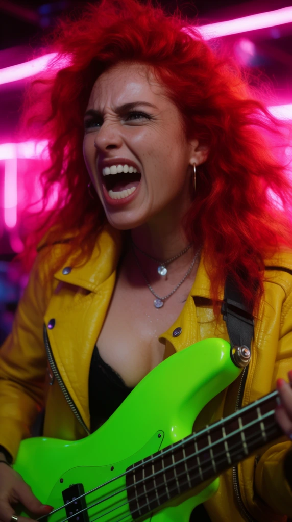 passionate woman with wild red hair playing a neon green electric bass, intense facial expression, yellow leather jacket, glowing pink neon club background, cinematic close-up