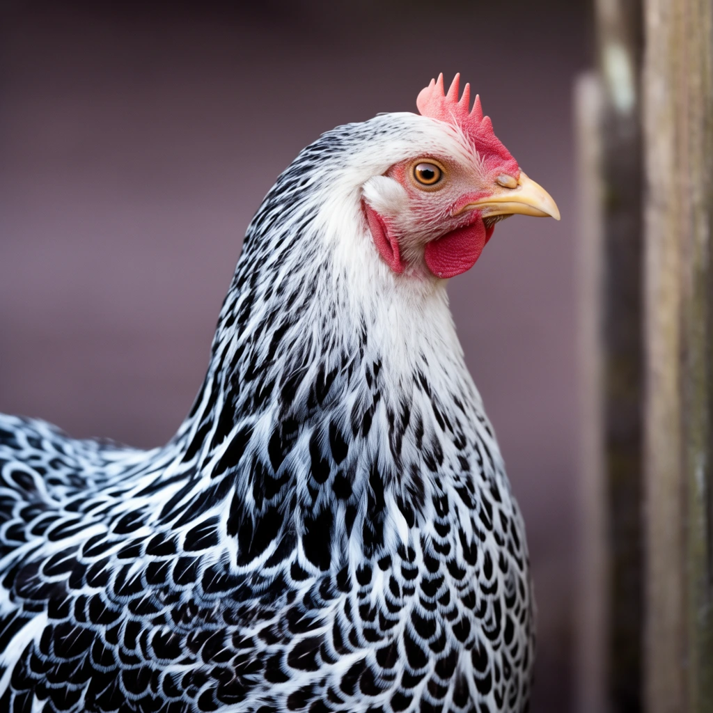 A close-up profile portrait of a chicken facing right, featuring striking plumage with bright white feathers prominently edged in black to create a dense, scale-like pattern. The bird possesses a textured red comb, matching wattles, a pale yellow beak, and a sharp amber eye. The intricate details of the neck and breast feathers are in sharp macro focus against a heavily blurred, muted purplish-brown background. A soft, out-of-focus vertical wooden structure appears on the right edge. Soft natural lighting highlights the high-contrast feather lacing and the smooth facial textures.