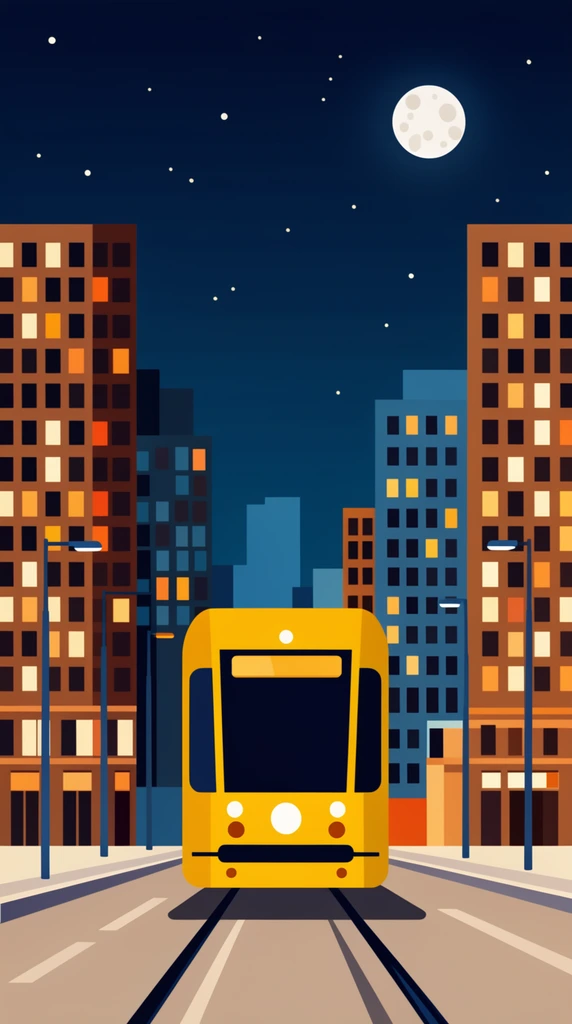 yellow tram on street tracks, flat vector illustration of a nighttime cityscape, geometric buildings with warm illuminated windows, dark blue sky, full moon, stars, minimalist 2D aesthetic, warm and cool contrast
