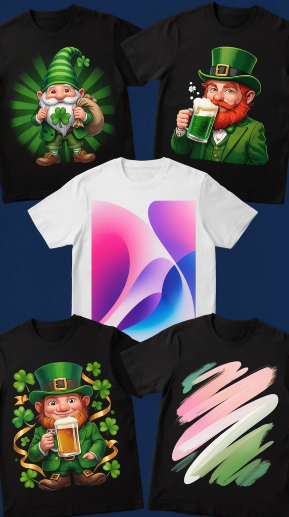 five T-shirts flat laid on a dark blue background, black shirt with a gnome in a green striped hat holding a sack and shamrock against a green sunburst, black shirt featuring a red-bearded leprechaun drinking a frothy green beverage, black shirt showing a leprechaun in a green top hat holding a beverage mug amidst shamrocks and golden ribbons, central white shirt decorated with vibrant pink purple and blue abstract curved gradient shapes, black shirt with pastel pink white and green stylized brushstrokes, colorful illustrated apparel designs, casual clothing display, flat lay composition, overhead perspective, commercial product staging
