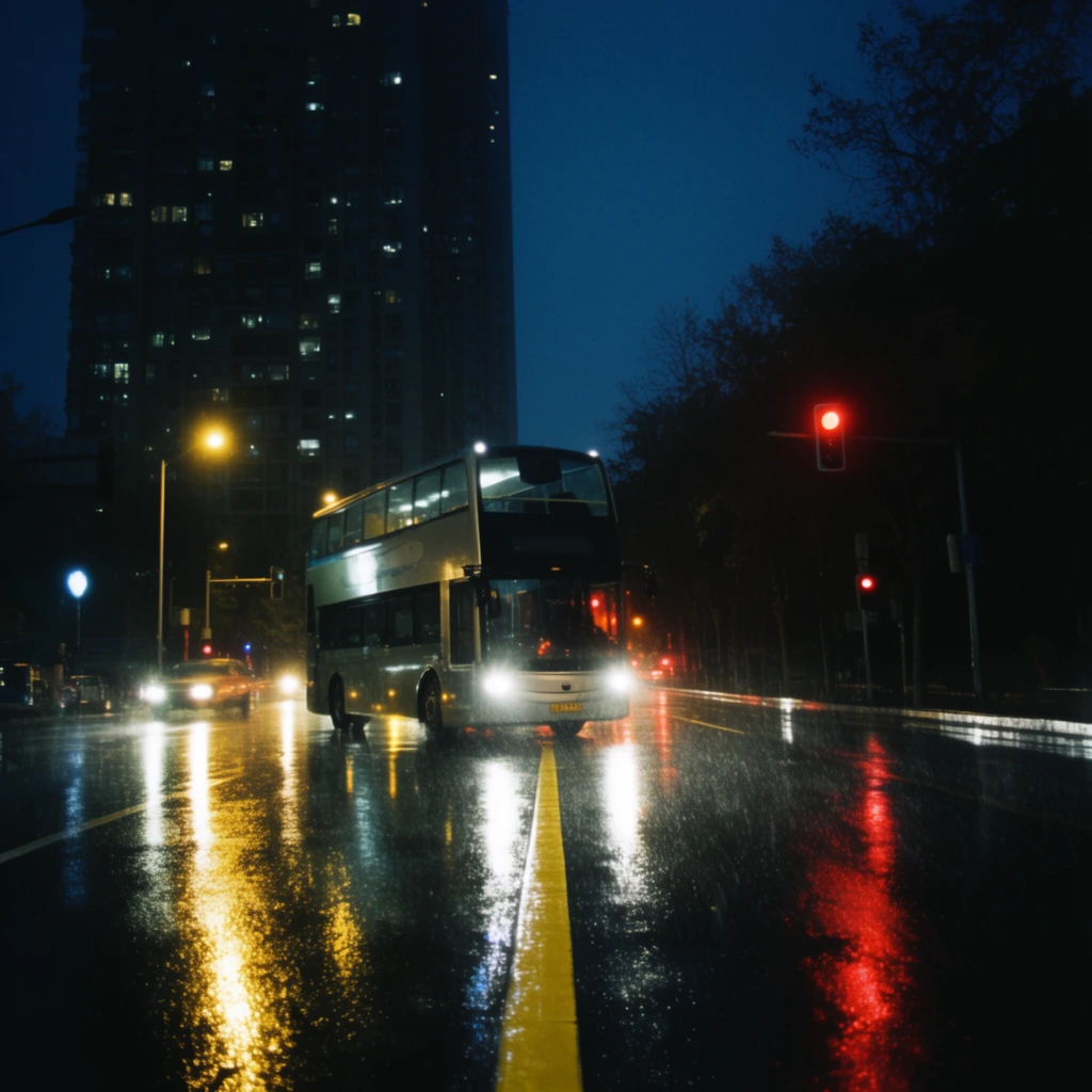 A double-decker bus navigates a wet city street at night, its bright headlights illuminating rain-slicked asphalt. The glossy road surface reflects elongated streaks of yellow, white, and red light from streetlamps and traffic signals. A solid yellow line divides the lanes. On the left, a towering high-rise building rises into a deep blue night sky, patterned with scattered glowing windows. Silhouetted trees line the right side beneath a luminous red traffic signal, creating a moody, cinematic urban atmosphere with high contrast.