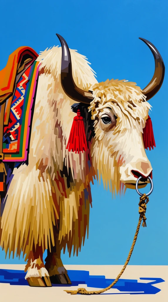 stylized graphic painting of an adorned yak in profile, solid bright blue sky, shaggy beige coat with sharp fringed strokes, vibrant geometric saddle blanket, bright red head tassels, silver nose ring with hanging rope, pale ground, crisp blocky blue shadows, flat color fields