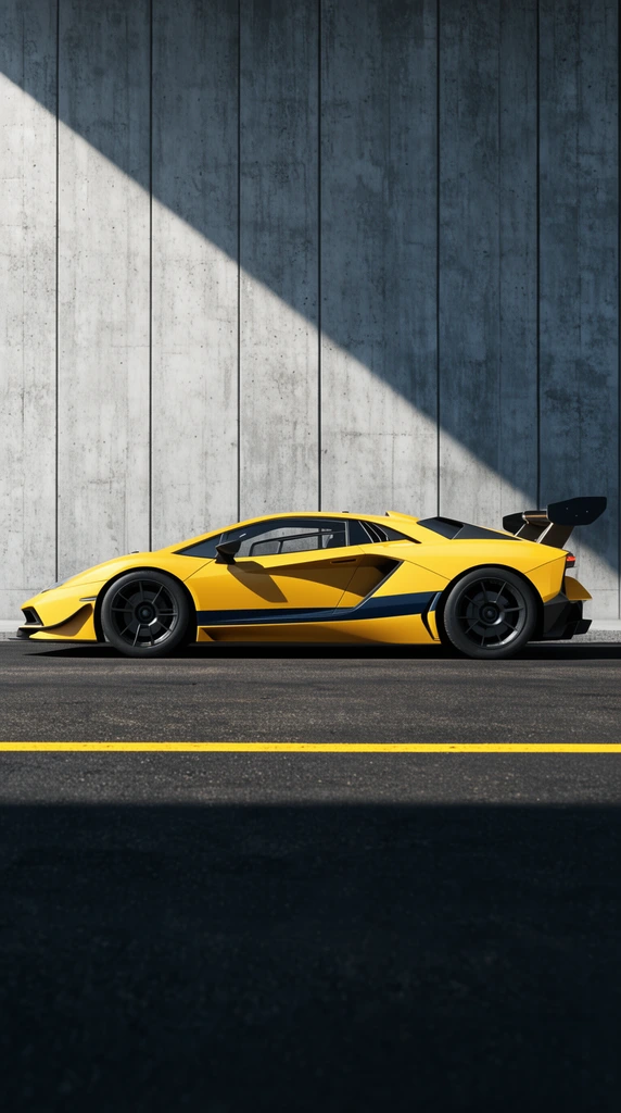 A bright yellow wedge-shaped track car with black aerodynamic louvers, dark side stripes, and a massive rear wing sits in profile on dark asphalt. A tall gray concrete wall behind the vehicle features vertical seams and is bisected by a sharp diagonal shadow cast by intense sunlight. A single horizontal yellow line stretches across the foreground road.