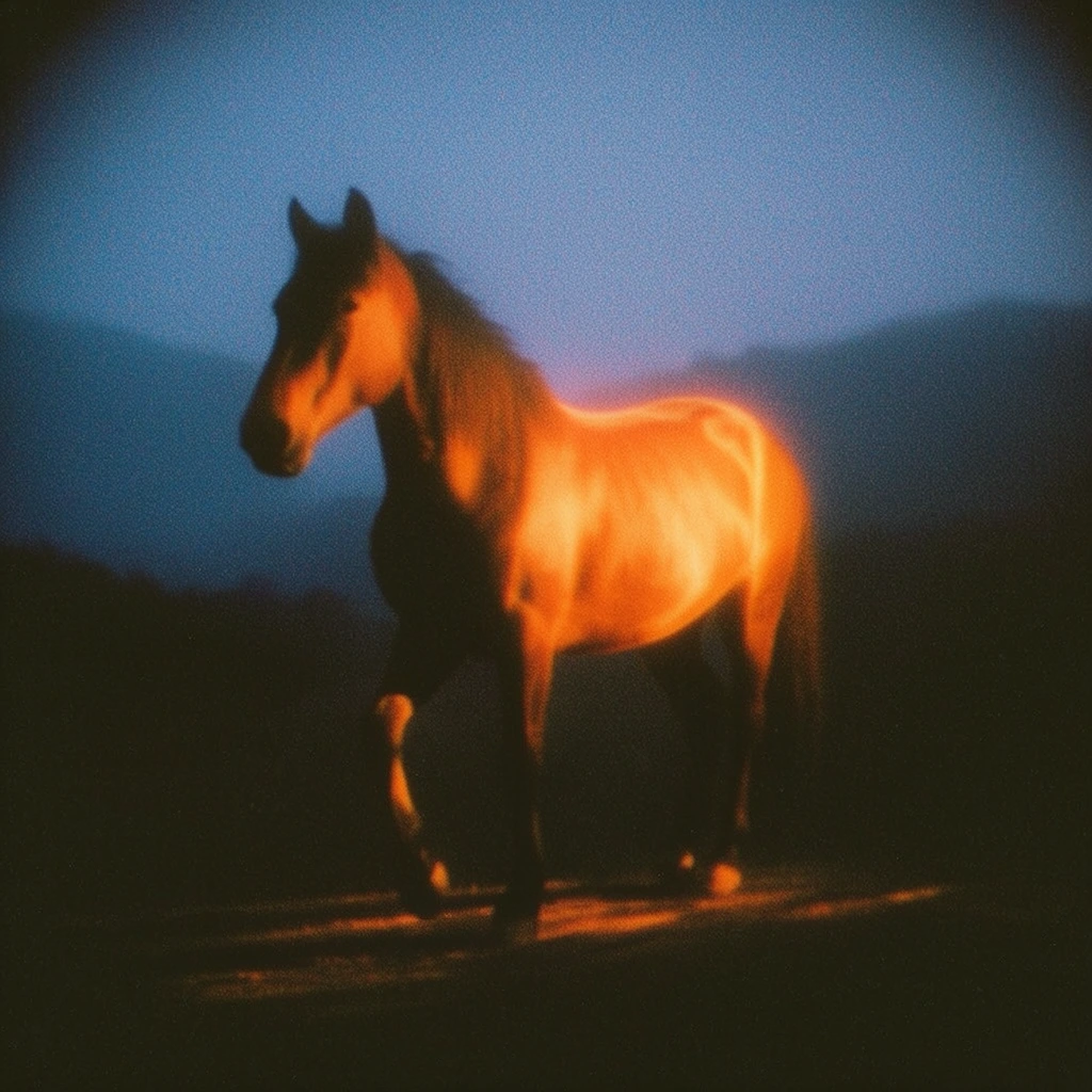 A horse stands facing left with one front leg raised, strongly illuminated by a bright, hazy orange light from the side against a deep blue twilight sky. The animal's body catches vibrant amber highlights that exhibit a glowing halation effect, contrasting sharply with the deep, solid black shadows enveloping the rest of its form. The background consists of soft, muted dark blue silhouettes of distant hills fading into the heavy dusk atmosphere. The dark ground beneath the horse reflects faint streaks of warm orange light. The entire composition features heavy, textured film grain, prominent high ISO noise, and a slight optical blur typical of vintage 35mm analog photography, with heavy, dark vignetting framing the edges of the scene.
