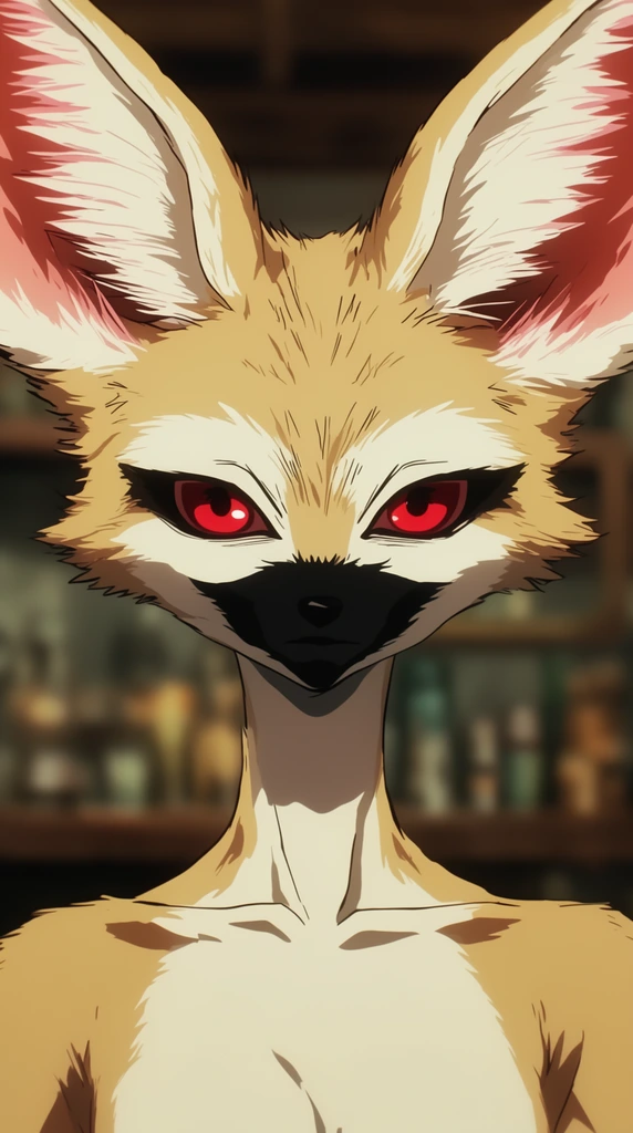 Anthropomorphic fennec fox humanoid, oversized pointed ears, intense red eyes, black facial markings, slender neck, cel-shaded anime style, blurred interior background